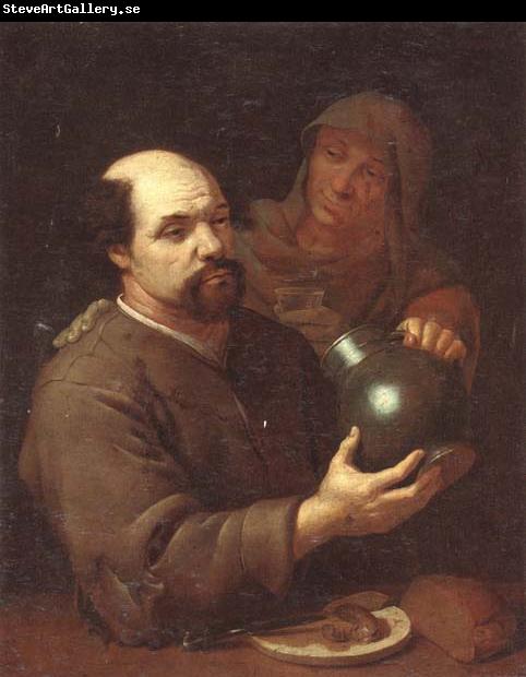 unknow artist A man seated at a table holding a flagon,a servant offering him a glass of wine